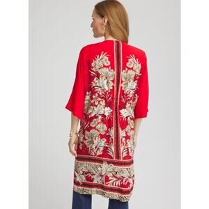 Chico's Red Floral Animal Print Art Nouveau Kimono Cardigan Robe Small / Medium